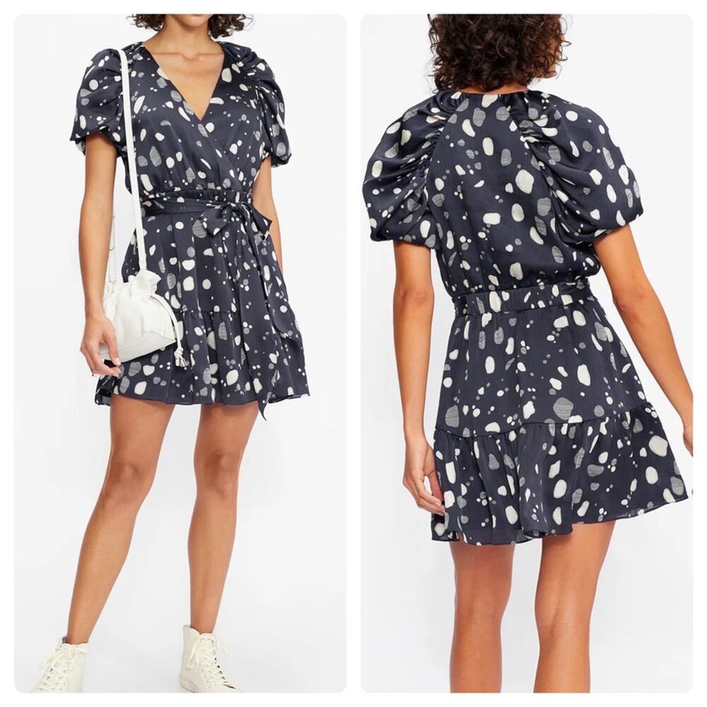 Ted Baker Steviee Polka Dot Puff Sleeve Dress Faux Wrap Dress Navy